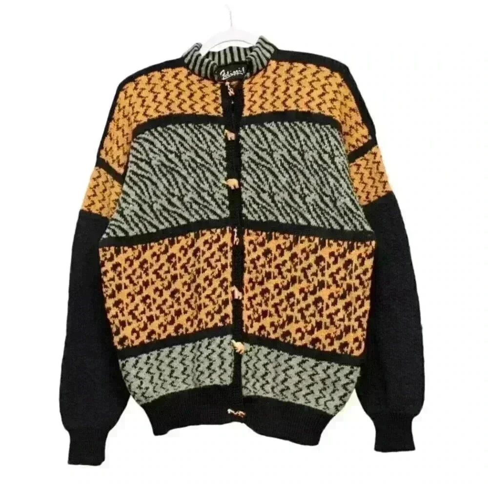 Vintage Cardigan Sweater Jacket Size Medium Patchwork Knit Animal Print 80s 90s